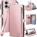 XcaseBar Compatible with iPhone 16 6.1" Wallet case with Zipper Credit Card HolderRFID Blocking,Flip Folio Book PU Leather Phone case Shockproof Cover Men Women for Apple 16 case Rose Gold