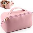 Lunarsoft Leather Makeup Bag, Pink Large Cosmetic Case with Dividers & Handle, Water-Resistant Lining, Multi-Pockets, Portable Toiletry Bag Organizer, Packing Underwear Organizer Bag
