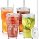 20oz Glass Tumblers with Lids and Straws, 4 Pack Vintage Ribbed Glass Tumblers for Iced Coffee, Smoothies, Thickened Wall Mason Jar Drinking Iced Coffee Cup
