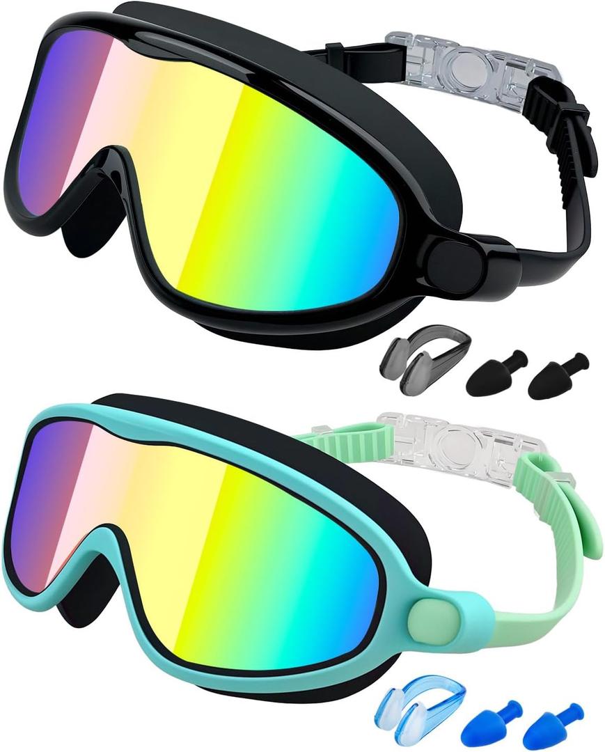 Rantizon Swim Goggles 2 Pack, Wide View Anti Fog&UV Swimming Goggles for Adult, No Leaking Swim Glasses for Men, Women Kids (Green & Gold Plated)