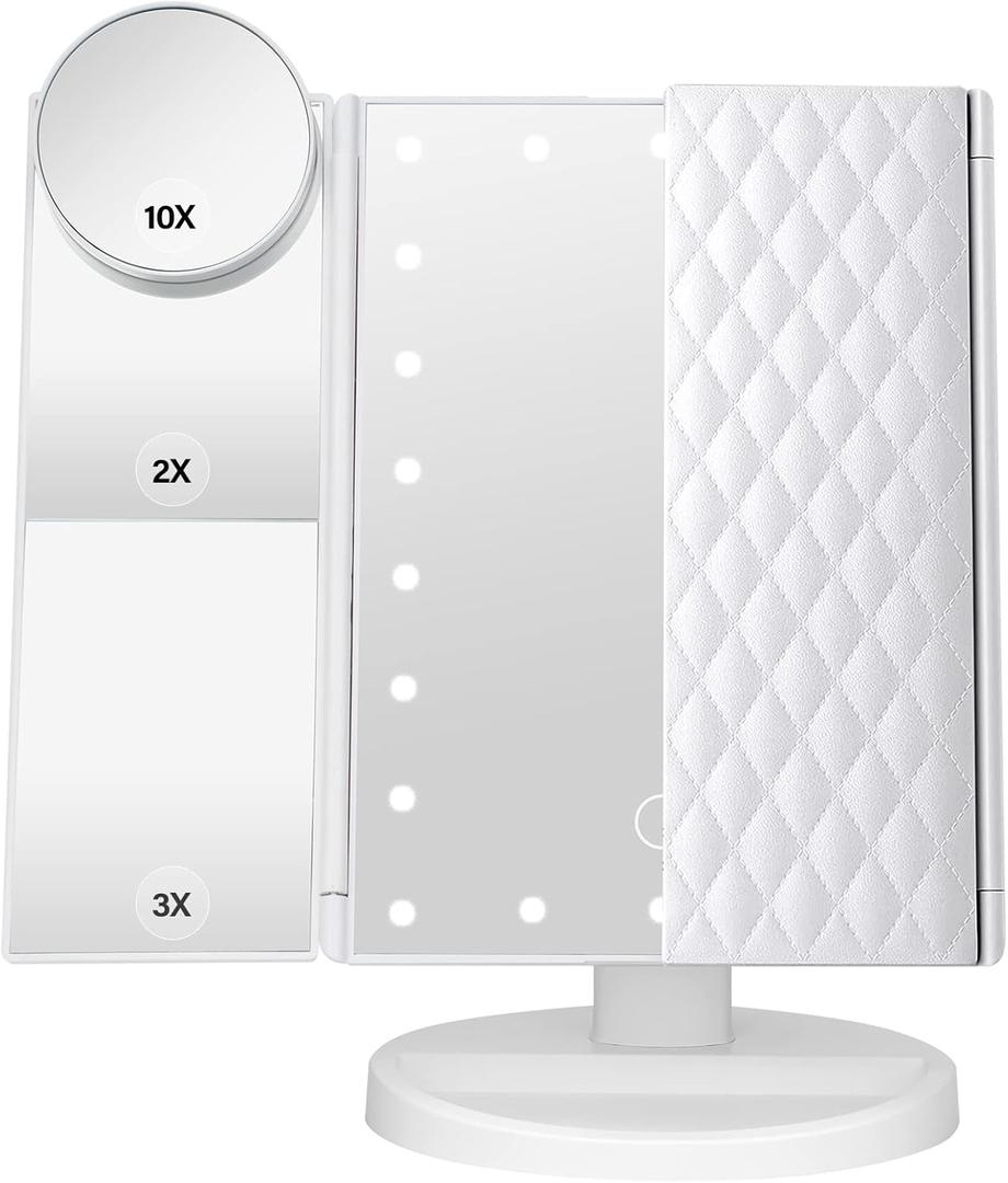 Makeup Mirror Vanity Mirror with Lights 1X 2X 3X 10X Magnification, Lighted Makeup Mirror, Touch Control, Tri-Fold Portable LED Makeup Vanity, Two Power Supply Modes, White