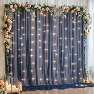 10x10ft Navy Blue Tulle Backdrop Curtain with Lights String for Parites, Sheer Backdrop Curtains for Wedding Baby Shower Birthday Party Photo Shoot Decorations (10ft x 10ft(2 Panels 5*10ft))