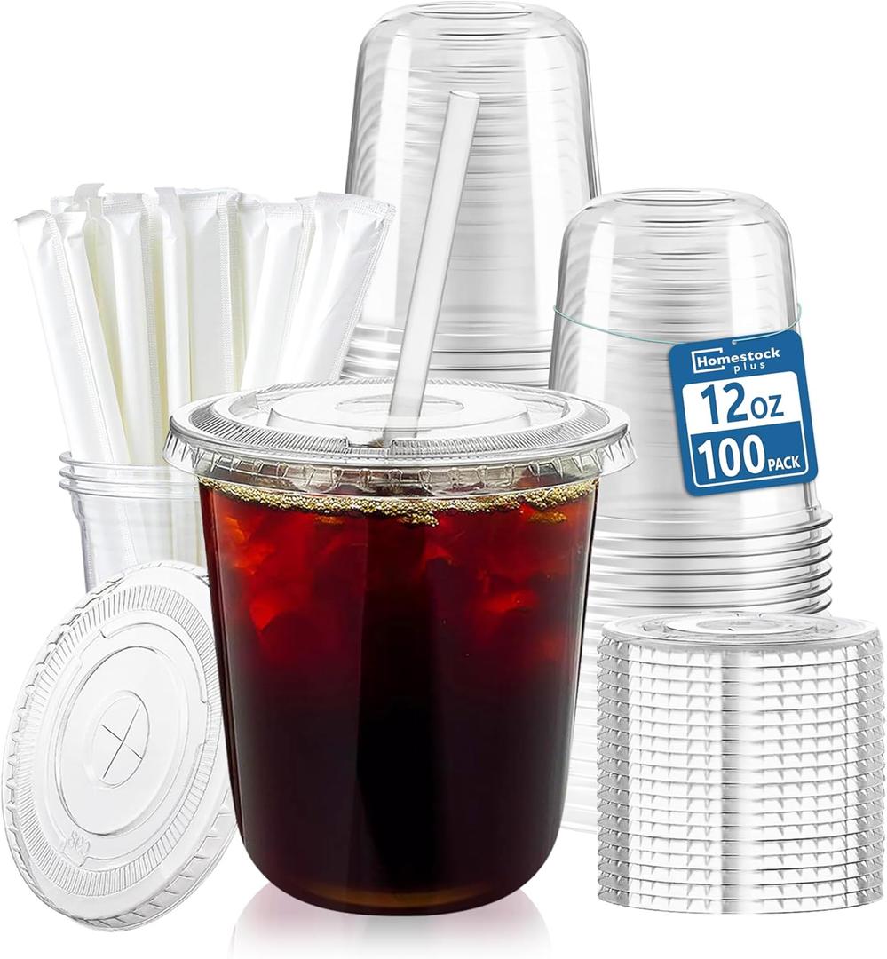 Homestockplus 100 Pack 12 oz BPA-Free Clear Plastic Cups with Lids and Straws - Leak-Proof Disposable Straw Cups, Iced Coffee Cups for Kids Drinks, Smoothies & To-Go Cold Beverages