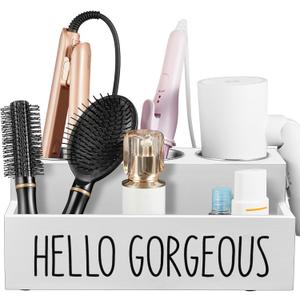 Bivvclaz Hair Tool Organizer, Wooden Hair Dryer Holder Countertop, Wall Mount Hot Tools Organizer for Hair Styling Accessories, Bathroom Supplies Vanity Caddy for Curling Wand, Blow Dryer, White