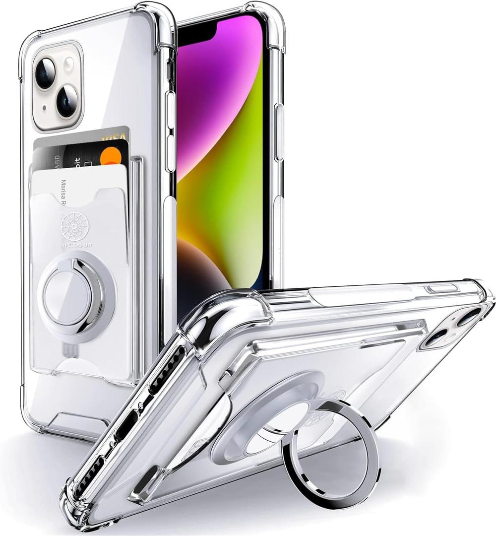 Shields Up Designed for iPhone 14 Case, Minimalist Wallet Case with Card Holder (3 Cards) and Ring Kickstand/Stand, [Drop Protection] Slim Protective Cover for iPhone 14 (6.1 inch) - Clear