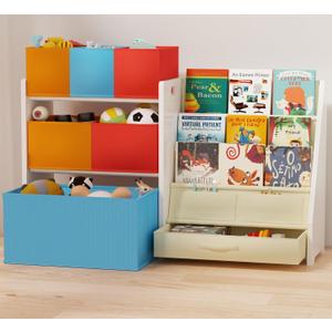 Toy Organizer with Bookshelf, Large Capacity Toy Storage Organizer with 6 Foldable Toy Bins, 3-Tier Solid Wood Kids Bookshelf and Toy Storage, Easy Assembly Toy Shelf Organizer, White 