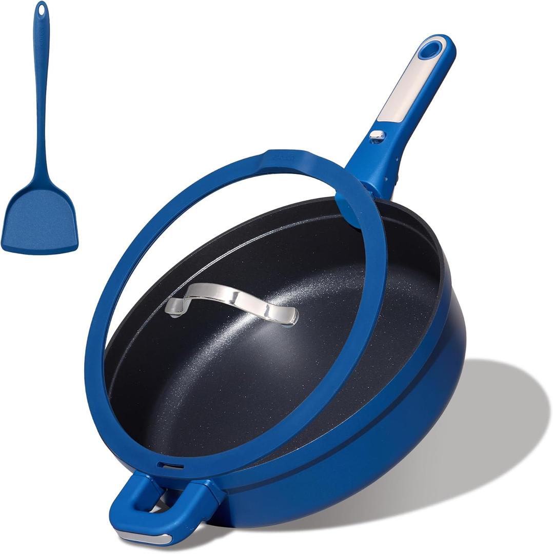 CAROTE 4pcs Non Stick Frying Skillet with Lid, 12inch Nonstick Large Deep Frying Pan, 5.5Qt Saute Induction Pan, Cooking Set with Detachable/Removable Handle,Oven/Dishwasher Safe