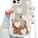 Jusy Compatible with iPhone 15 Pro Max Case with Wavy Edge, Cute White Heart Mirror Curly Phone Cases, Shockproof Hard PC & Soft TPU Bumper Protection Cover for Women Girls with Bracelet Chain