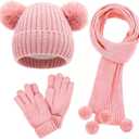 Kids Winter Gloves Hat Scarf for Girls,Ages 3-10 Kids Christmas Gifts,8 7 6 Years Old Girl Wool Beanie Gloves Hat Scarf (Pink)