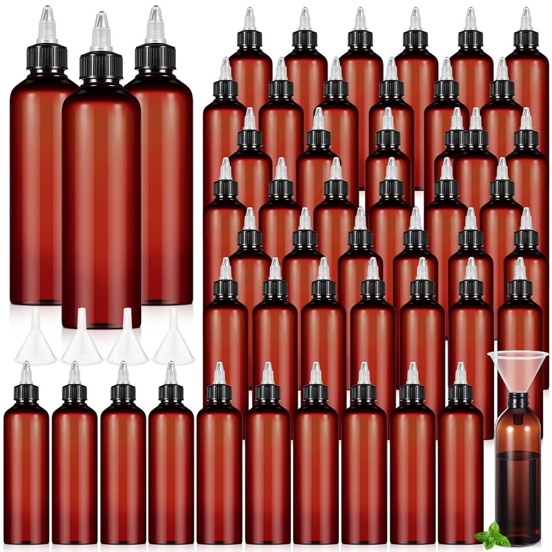 Barydat 36 Pcs Squeeze Bottle Twist Top Applicator Empty Hair Oiling Bottle with Funnels Refillable Plastic Liquid Containers for Liquid Hair Oil Shampoo Lotion (8 oz,Amber)