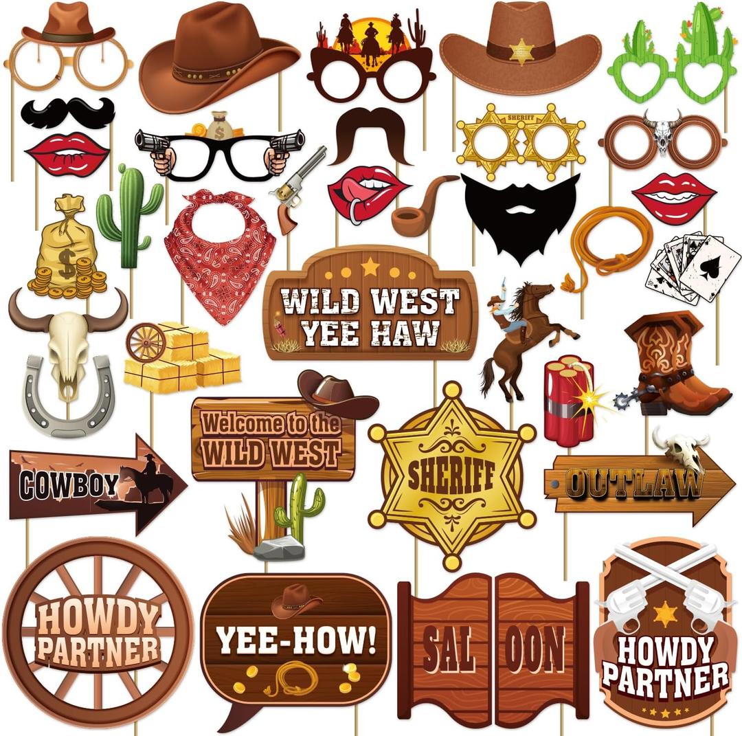 36Pcs Country Party Decorations Photo Booth Props, Western Photo Booth Props for Western Party Decorations, Wild West Cowboy for Cowboy Party