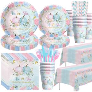 Thanksgiving Pumpkin Gender Reveal Decorations for Baby Shower, Little Pumpkin He Or She Gender Reveal Party Supplies, Disposable Paper Plate, Cup, Napkin, Tablecloth, Cutlery, Serves 24