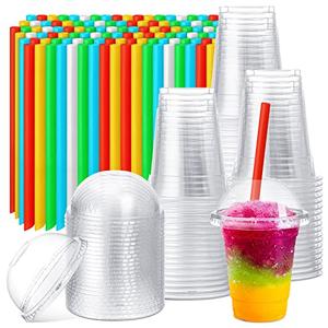 Lallisa 100 Sets Clear Plastic Cups with Dome Lids and Colorful Straws, Disposable Slushie Smoothie Cups PET Beverage for Party Iced Coffee Cold Drinks Juice Milkshake Fruit Tea Dessert (12 oz)
