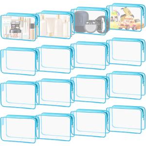 16 Pieces Clear Cosmetic Bags, PVC Clear Pouch with Zipper TSA Approved Toiletry Bag for Travelling, Waterproof Transparent Travel Makeup Cosmetic Organizer Case for Men and Women (Blue-M)