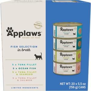 Applaws Natural Wet Cat Food in Broth, Limited and Natural Ingredients, High Protein with No Artificial Additives, Fish Selection in Broth Cans (20 x 5.5 oz Cans) (EXP 03/07/29)