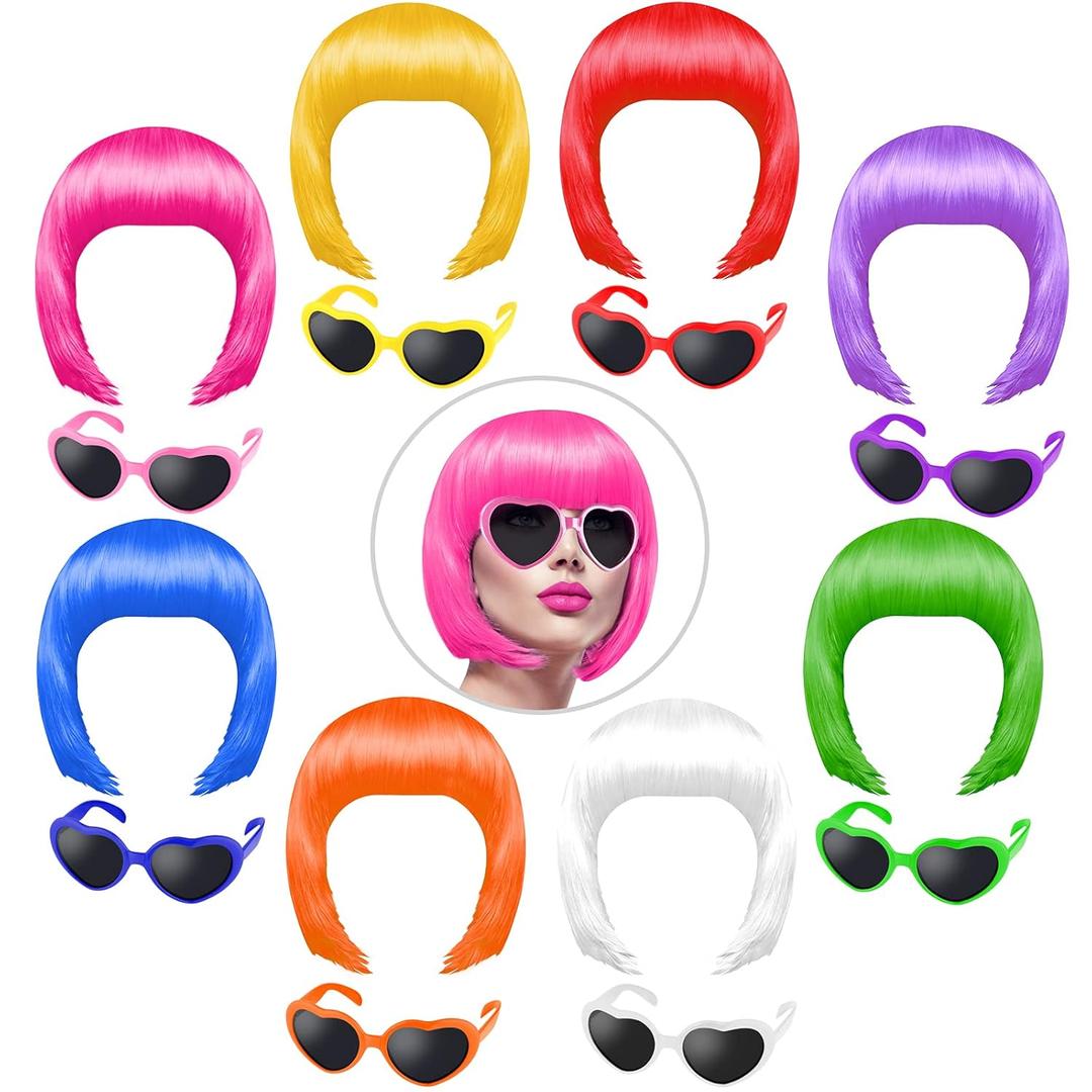 KUUQA 16 Pieces Party Wigs and Sunglass Set, Short Bob Wig Sunglass Pack Costume Colorful Cosplay Wig Party Hairpieces for Bachelorette Party, Halloween and Decorations