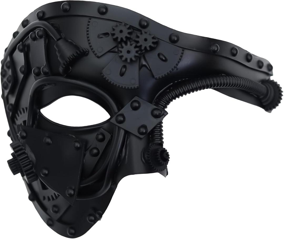 Ubauta Steampunk Cyborg Mask for Halloween: Handcrafted Plastic with Black Metallic Finish - DIY Repair Strip & Adjustable Fit (One Size)