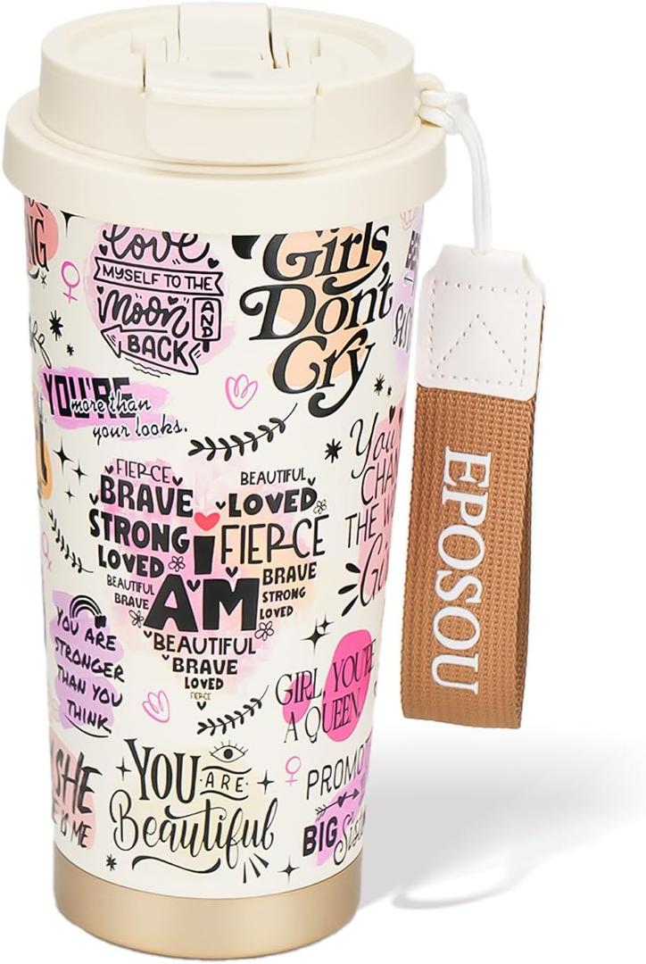 Insulated Travel Coffee Mug, 16oz Leak Proof Stainless Steel Tumbler with Flip Lid, Reusable Double Walled Cup for Hot & Cold Drinks, Portable for Commute, Office, Travel, Gifts for Women Men (Girls don't cry)