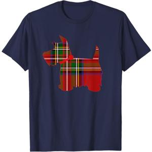 Scottie Dog Scottish Terrier Royal Stewart Tartan Red Plaid T-Shirt (Small, Navy)