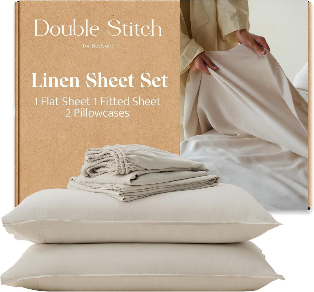 Double Stitch European Flax Linen Sheets Cal King - Breathable Linen Blend Bedding Set 4 PC, Sustainable, Moisture-Wicking & Cooling Sheet Set, Deep Pocket Up to 16'', Featured in USA Today, Oat