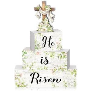 4 Pcs Easter Table Decor He is Risen Tiered Tray Decorations Set Christian Easter Spring Green Cross Rustic Farmhouse Wooden Stack Block Signs Religious Tabletop Party Decor for Home Office