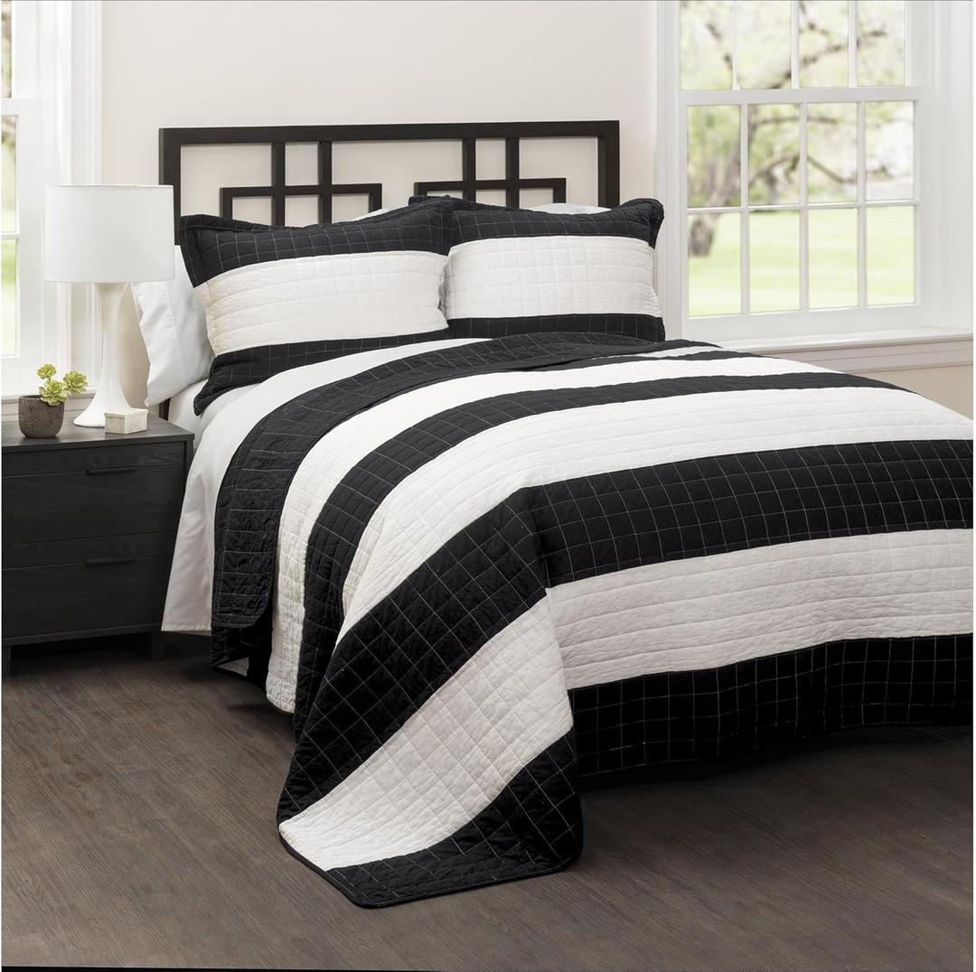Lush Decor Stripe 3 Piece Quilt Set, King, Black/White