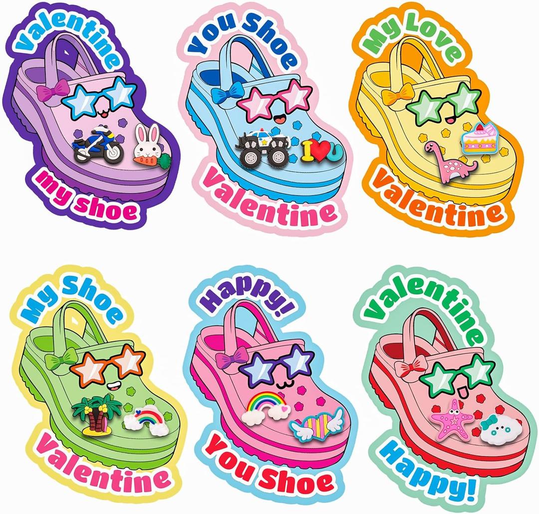 2 x Valentines Day Cards for Kids, 36 Cards with 72 Shoe Charms for Boys Girls Valentines Day School Classroom Exchange Gifts
