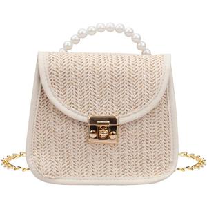 Mini Straw Bag for Girls, Summer Woven Crossbody Shoulder Bag for Women, Small Pearl Top Handle Handbag Flap Purse (White)