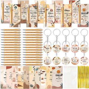 ANGOLIO 460Pcs Spanish Christian Boho Religious Gifts Back to School Gift Bulk Regalos Cristianos En Espaol Bible Verse Bamboo Pen Keychain Bookmark Religious Gift for Women Men Office Church Favor