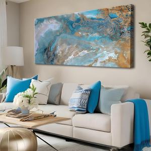 Blue Abstract Canvas Wall Art for Living Room, Navy and Gold Fluid Marble Picture Prints, Modern Painting Artwork for Bedroom, Bathroom, Office, Home Decor 20x40 Inch
