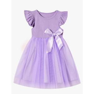 Toddler Girls Ruffle Sleeve Tulle Dress Elastic Waist Bow Kid Casual Sundress, 120