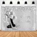 Aperturee 7x5ft Silver Happy Birthday Backdrop Glitter Diamonds High Heel Balloons Champage Glass Girls Women Sweet 16 Photography Background Banner Supplies Photo Booth Studio Props Party Decoration