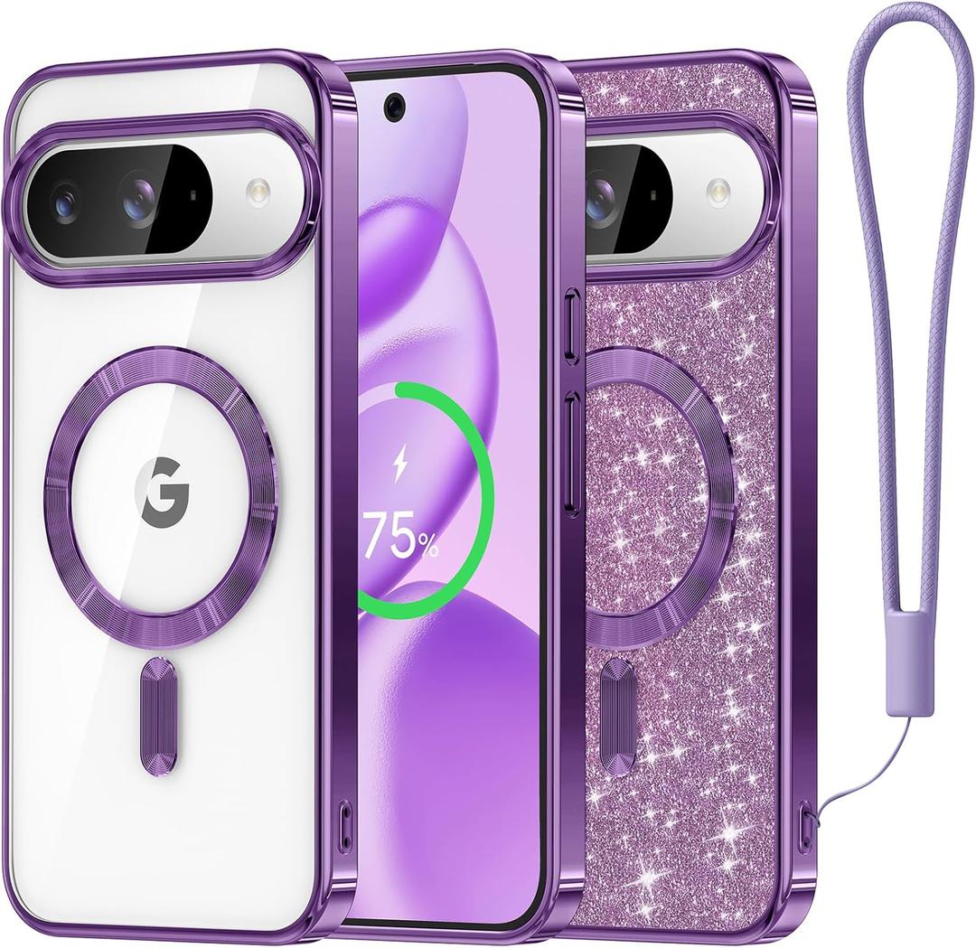 Meifigno Designed for Google Pixel 10/10 Pro Case 6.3", [Glitter Card & Wrist Strap][Compatible with MagSafe] Transparent Back and Electroplated Edges for Pixel 10 Pro Case/Pixel 10 Case, Purple