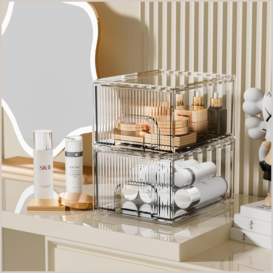 ZHIAI 2 Pack Clear Stackable Cosmetic Organizer, Acrylic Drawer, Plastic Organizer for Dresser, Vanity, Kitchen Cabinet, Pantry, Home Organization and Storage