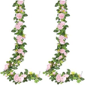 Sggvecsy 2Pcs 15.5Ft Artificial Rose Vine Fake Flower Garland Floral Garland Faux Silk Hanging Vine Rose Ivy Vines for Wedding Arch Party Wall Garden Ceremony Background Outdoor Decor (Pink)