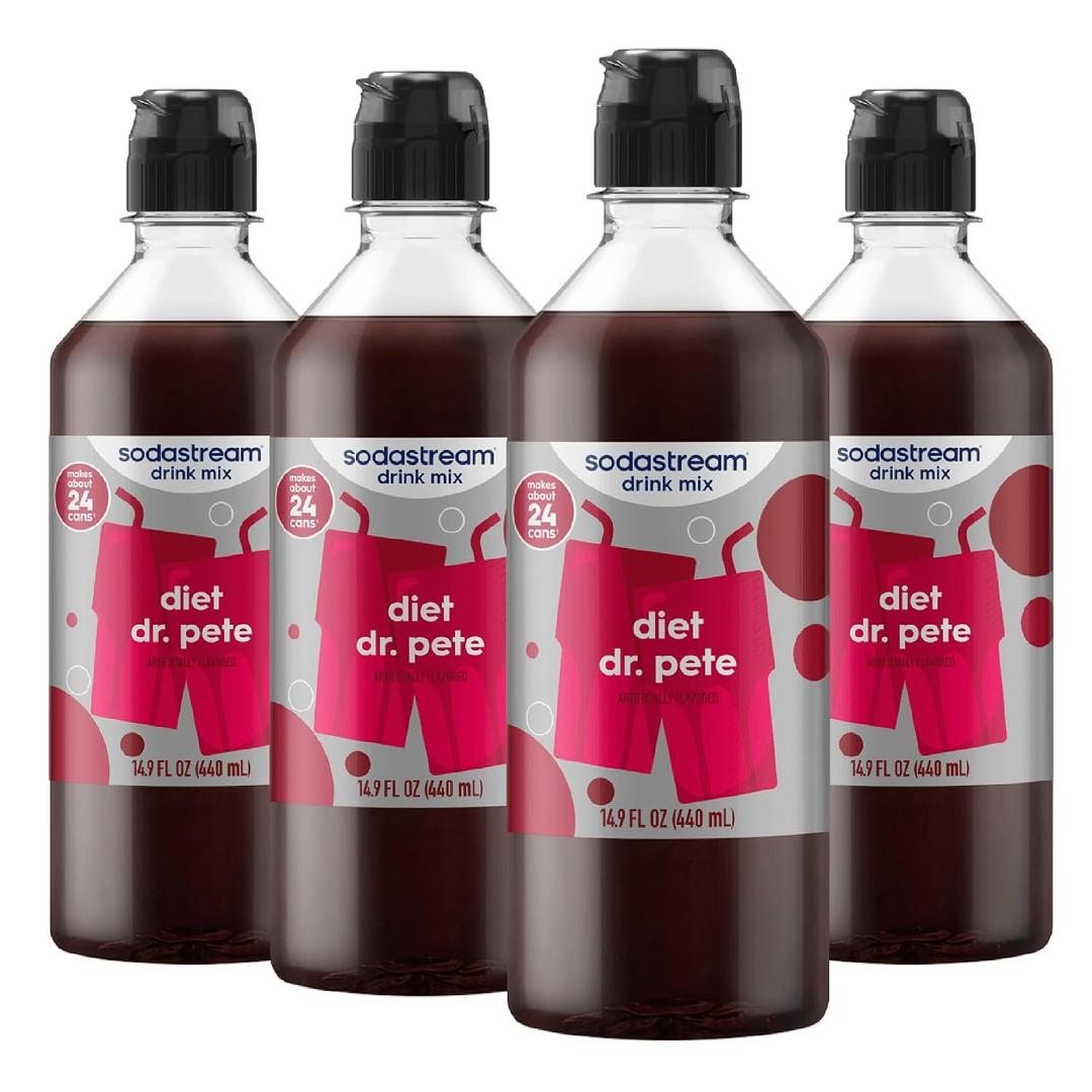 SodaStream Diet Dr Pete Drink Mix, 4 Pack Diet Soda Syrup for Sparkling Water Makers, Zero Calorie Soda Stream Flavors, Aspartame Free, 4 x 14.9 Fl Oz (440ml) (EXP 11/30/26)