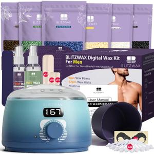 BLITZWAX Back and Nose Waxing Kit for Men, Hard Wax Warmer for Brazilian, Body and Face, At Home Hair Removal Kit, Beginner Friendly, Quick Heating, 93 Accessories, Blue Waves