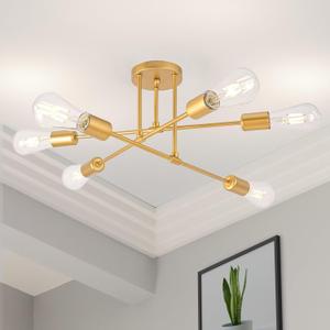 Modern Sputnik Chandelier, 6-Lights 22" Bronze Antique Copper Finish Ceiling Fixture, Mid Century Industrial Semi Flush Mount for Dining Room Bedroom Living Room (NOT Bright Gold)