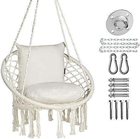 JoyView Macrame Chair Hanging Swing Chair Max 330 Lbs Hammock Chair with 2 Cushions and Hardware Kits Cotton Rope Chair for Indoor Outdoor Bedroom Patio Garden - Beige