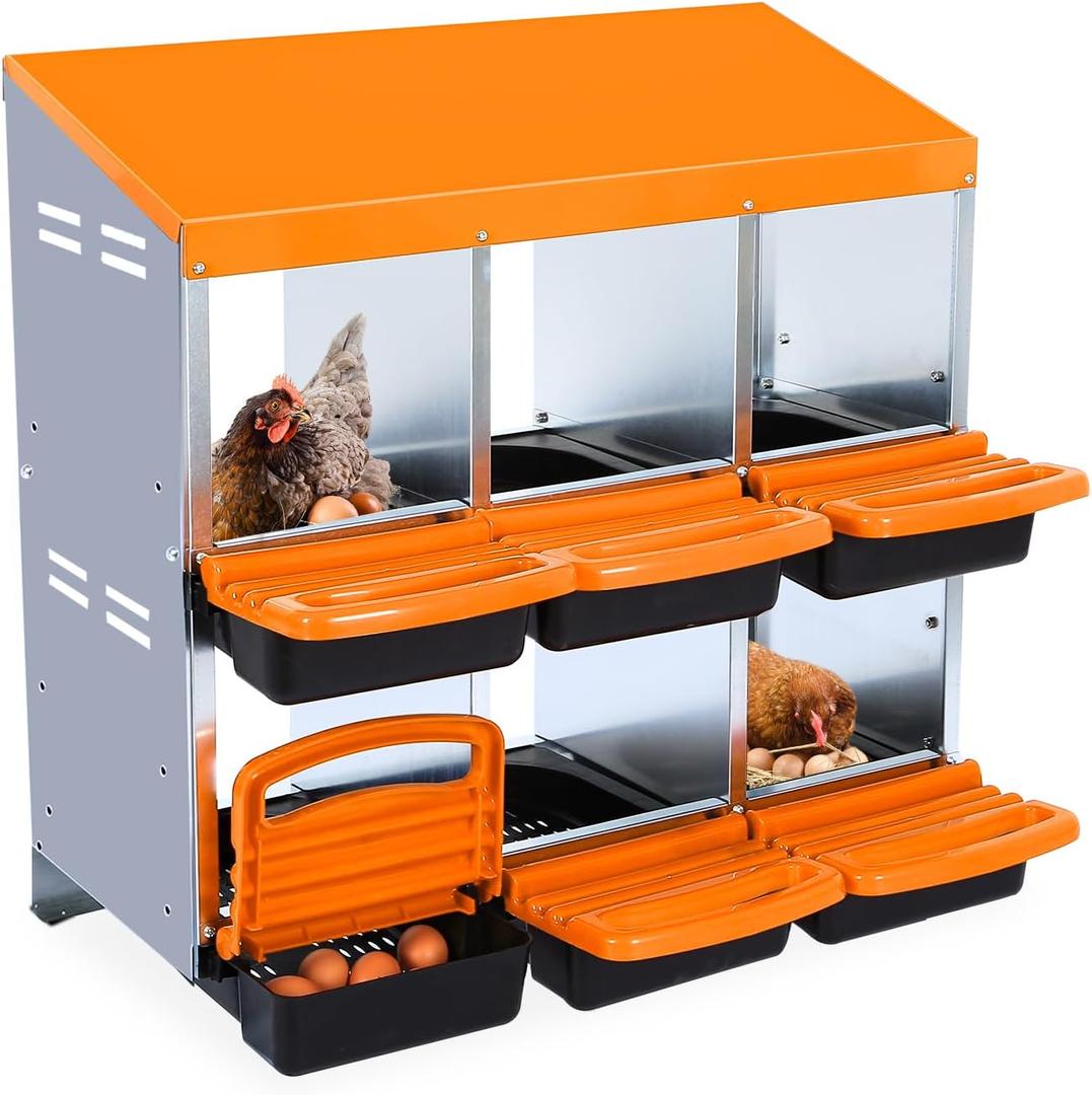 Chicken Nesting Box, 6-Hole Roll Away Egg Laying Box with Lid, Galvanized Steel Rustproof Design - Easy Egg Collection, Easy Clean Wall-Mountable Without Bracket, Orange