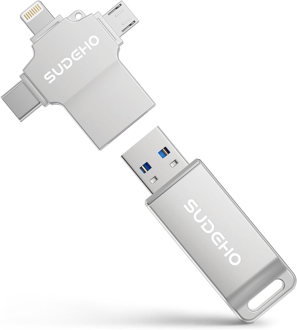 MFi Certified Photo Stick 256GB USB Flash Drive for iPhone, 4 in 1 External Memory Thumb Drive for Picture Video Saver and Backup, High Speed Memory Stick Pen Drive for iPhone/iPad/Android/PC (Silver)