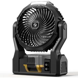 Battery Operated Fan for Dewalt 20V Max Battery, 5.7m/s High Speed Rechargeable Portable Fan with USB Powered & 4 Speed & 2 Light for Camping, Workshop, Garage, Jobsite (Not Included Battery) - Black