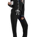 LILLUSORY Women's Long Sleeve Pajama Set - Soft Button-Down Top & Comfortable Drawstring Pants with Pockets Black L