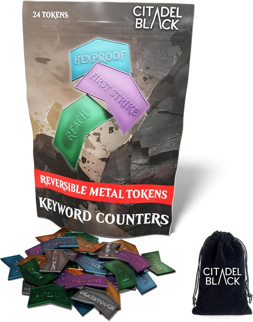 Citadel Black MTG Metal Keyword Counters - Set of 24 Reversible Tokens - Includes Drawstring Pouch, Antique Metal Finish, Designed for MTG TCG Magic: The Gathering Accessory