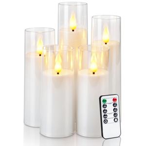 Amagic Pure White Acrylic Flameless Candles, Battery Operated Candles, Flickering LED Pillar Candles with Remote Control and Timer, Warm Yellow Light, D2.2 xH5 5" 6" 7" 8", Set of 5