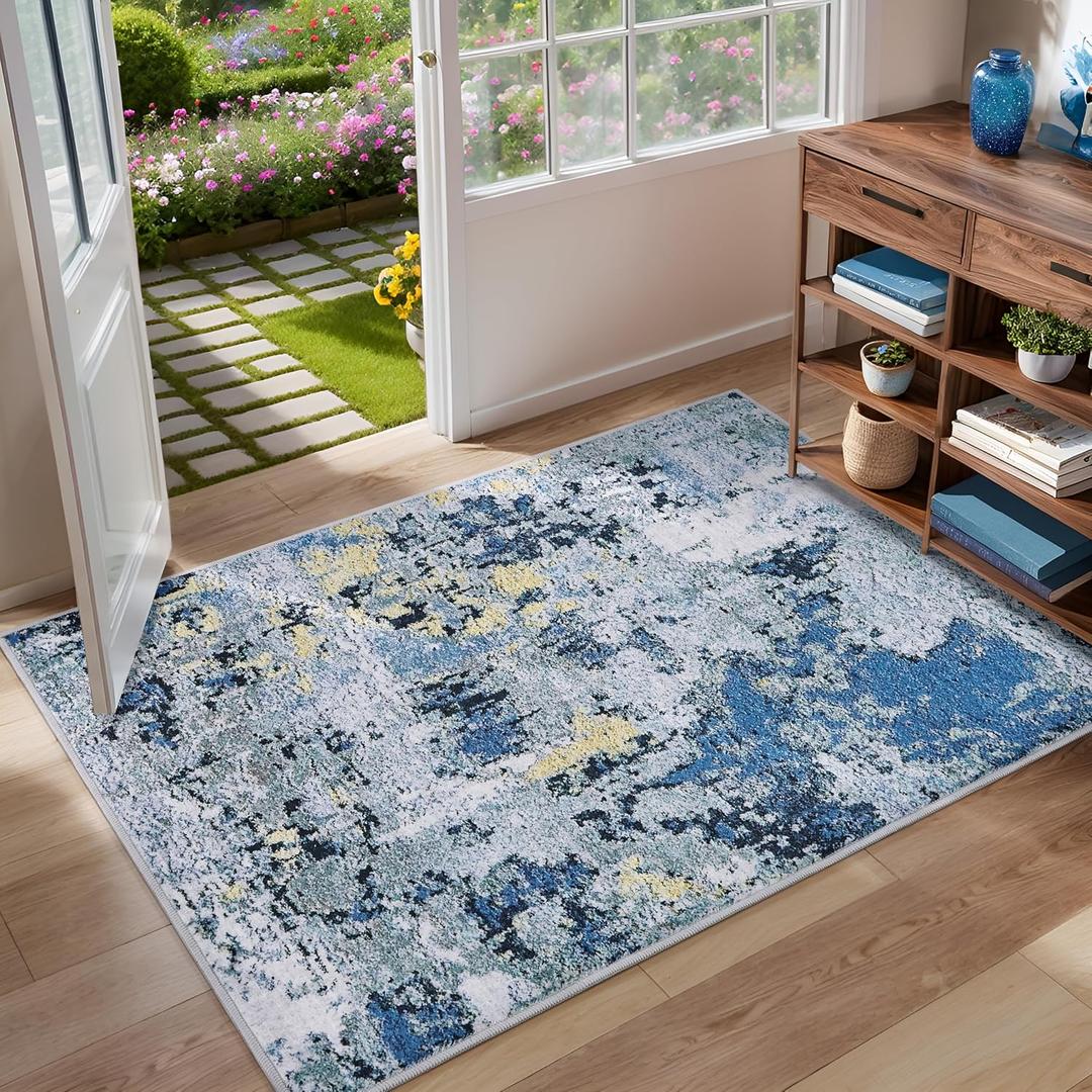 Entrance Rugs Indoor 2x3 Entry Rug - Washable Modern Abstract Small Area Rug Non-Slip Low Pile Throw Rugs for Entryway, Kitchen Floor, Front Door Mat, Bathroom, Bedroom Bedside, Blue (23 Ft)