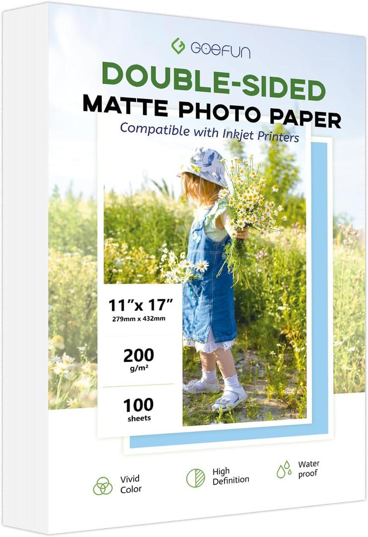 11x17 Double Sided Photo Paper Matte, Goefun 200GSM/54LB Presentation Paper for Inkjet Printer, 100 Sheets