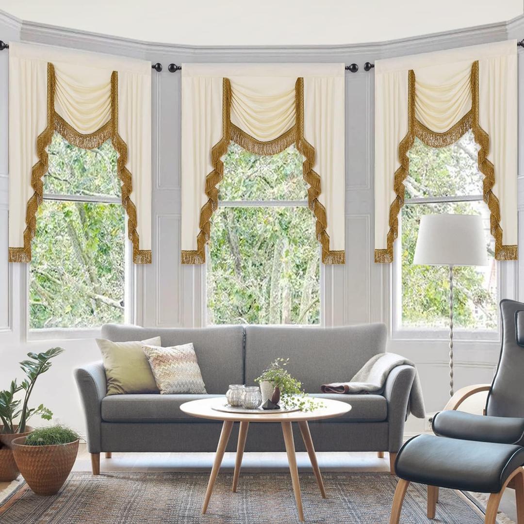 NAPEARL Premium Plush Velvet Valance Curtains for Living Room, Soft Draped Velvet Fabric Waterfall Valance with Gold Fringe Tassel Trim for Windows, White Swag for Bedroom