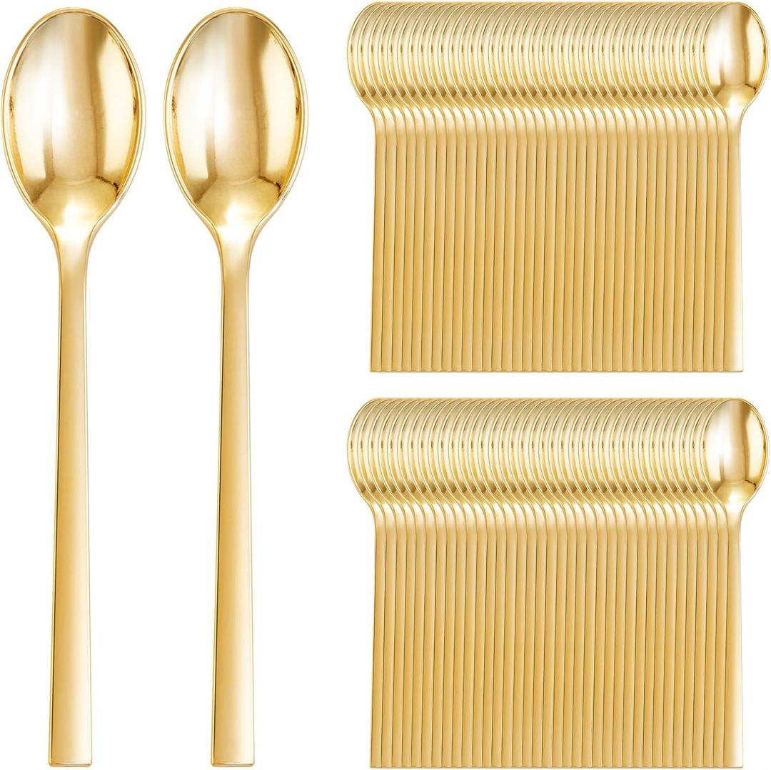 DaYammi 100 Pcs Gold Plastic Spoons, Gold Disposable Silverware, plastic Cutlery Heavy Duty Disposable Flatware Dinnerware Perfect for Dinner Parties, gold disposable Spoons for Wedding