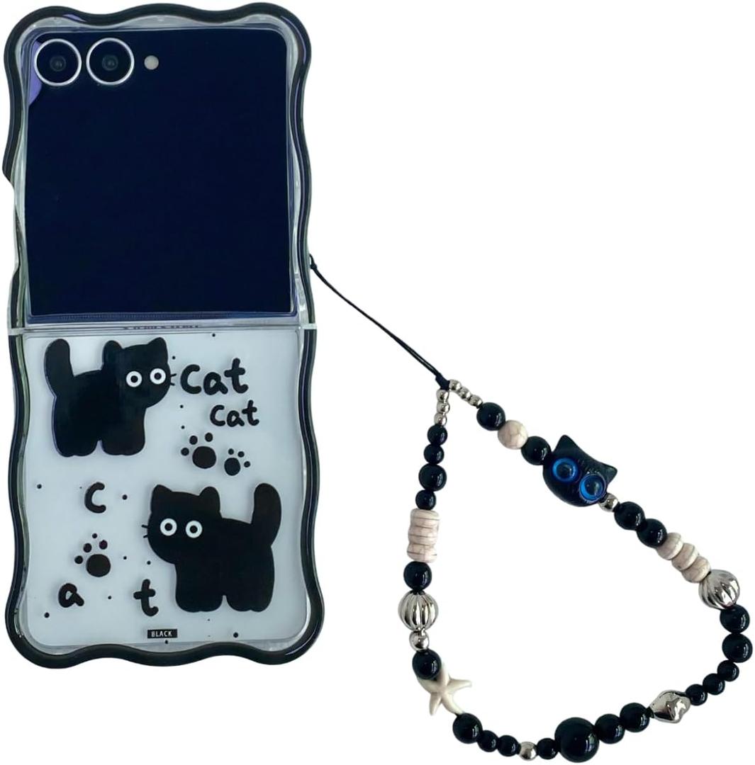 For Samsung Galaxy Z Flip7 Case, Cute Cartoon Black Cats Pattern Clear Fold Phone Cover with Key Chain for Girls Ladies Women, Stylish Galaxy Z Flip 7 Shell